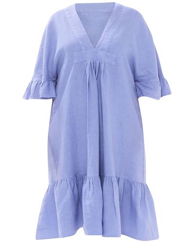 Haris Cotton Cami Linen Dress With Butterfly Sleeve And Ruffle Hem - Blue