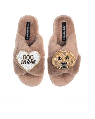 Laines London Classic Laines Slippers With Skip The Golden Lab & Dog Mum / Mom Brooches - Brown