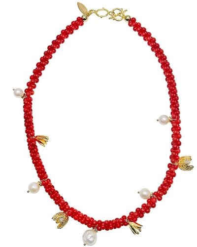 Farra Peanut Shaped Coral Statement Necklace - Red