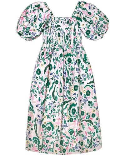 Jessie Zhao New York Emerald Smocked Cotton Silk Dress - Green