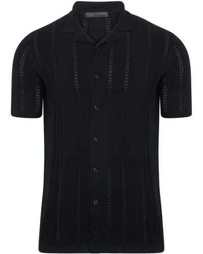 Paul James Knitwear S Ultra Fine Cotton Santiago Open Knit Cuban Collar Shirt - Black