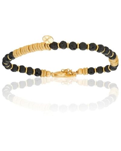Double Bone Bracelets Lava Stone Beaded Bracelet With Yellow Gold Beads - Metallic