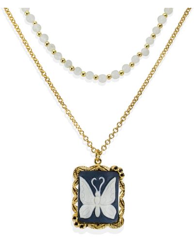 Vintouch Italy Butterfly Cameo & Moonstone Layered Necklace - Black