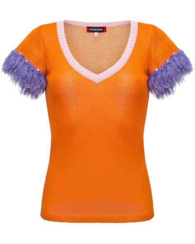 Andreeva Orange Top With Handmade Knit Details & Pearl Buttons