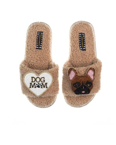Laines London Teddy Toweling Slippers With Cookie The Frenchie & Dog Mum /mom Brooches - Natural