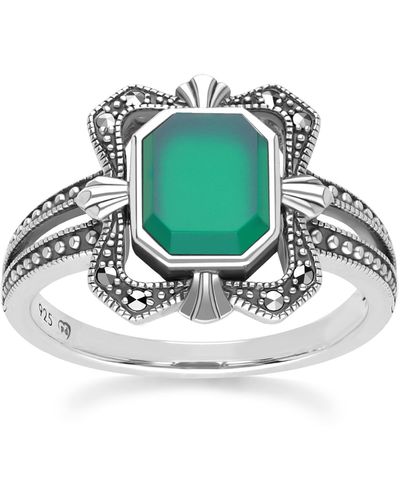 Gemondo Art Deco Style Baguette Chalcedony & Marcasite Ring In Sterling Silver - Metallic