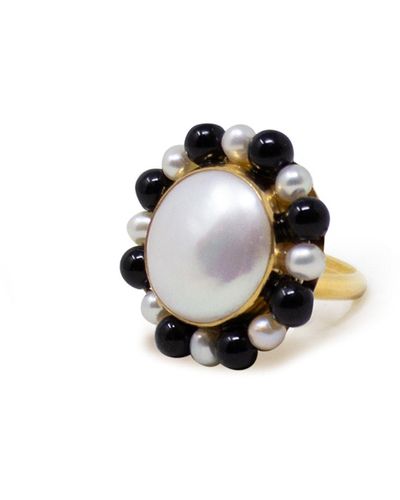 Vintouch Italy Lotus Gold-plated Pearl And Onyx Ring - Black
