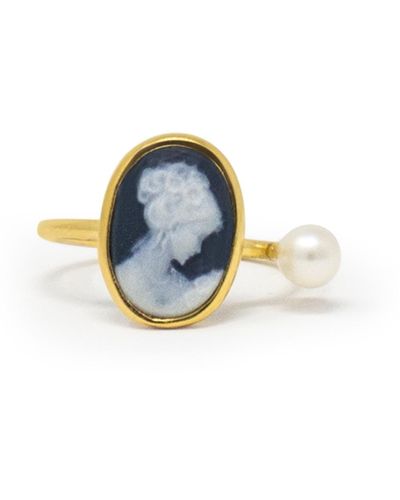 Vintouch Italy Mini Cameo & Pearl Ring - Black