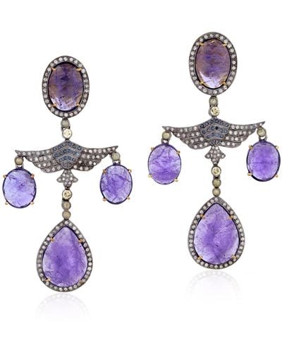 Artisan Natural Tanzanite Pave Diamond Chandelier Earrings In 18k Yellow Gold & 925 Silver Jewelry - Purple