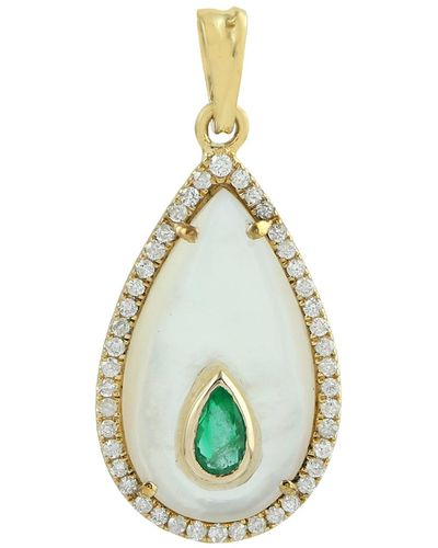 Artisan Mother Of Pearl Drop Dangle Natural Emerald Diamond 18k Yellow Gold - Metallic