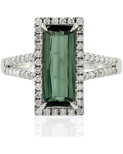 Artisan 18k White Gold Diamond Green Tourmaline Cocktail Ring Handmade Jewelry