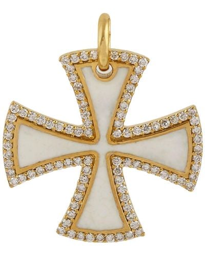 Artisan Natural Dimond Pave Cross Sign With Enamel In 14k Yellow Gold Pendant - Metallic