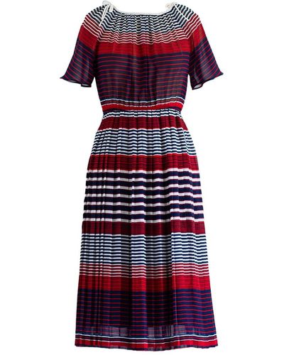 Sugar Cream Vintage Vintage Colorful Stripe Print Chiffon Midi Dress - Red