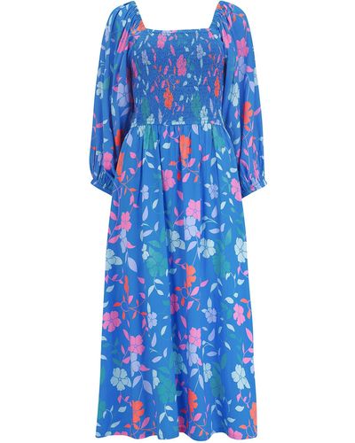 Sugarhill Raquel Midi Shirred Dress , Rainbow Floral Vine - Blue
