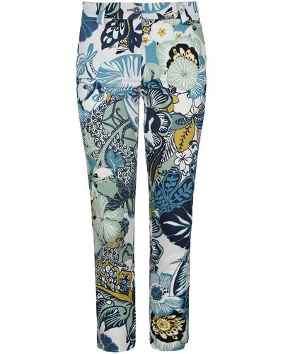 Conquista Floral Cotton Trousers In & Green Shades - Blue
