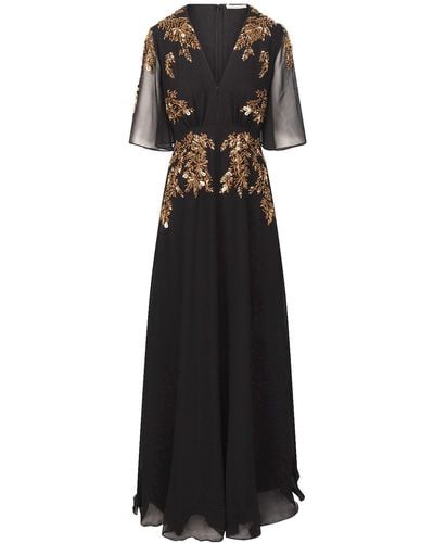 Hope & Ivy The Shay Plunge Front Embellished Maxi Dress With Flutter Sleeve - Black