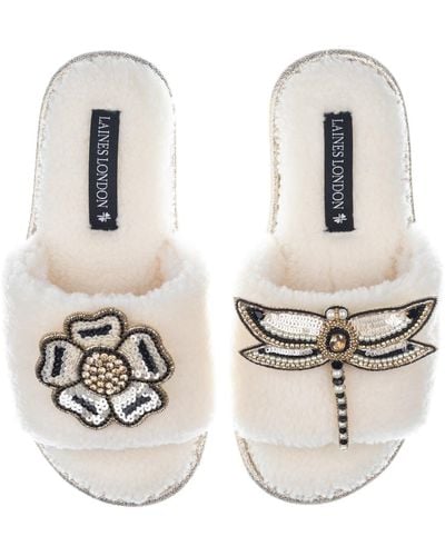 Laines London Teddy Towelling Slipper Sliders With Dragonfly & Flower Brooches - Metallic