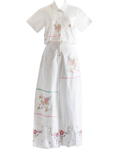 Sugar Cream Vintage Re-top & Pants Floral Embroidered Cross-stitch Set - White