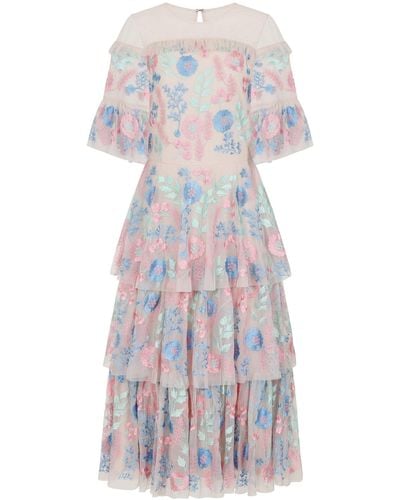 Frock and Frill Neutrals Erica Floral Embroidered Tiered Midi Dress - White