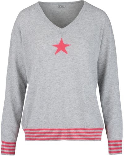At Last Cashmere Mix Sweater In With Coral Star & Stripes - Gray