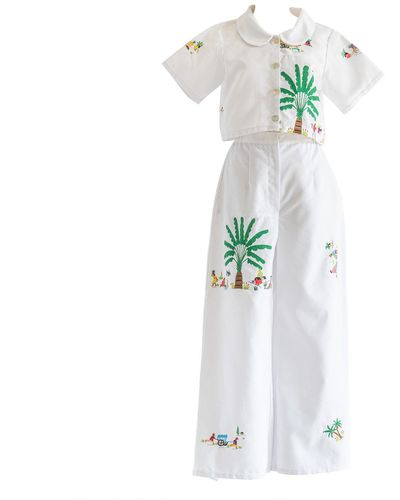 Sugar Cream Vintage Re-top & Trousers Embroidered Palm Tree Landscape Set - White