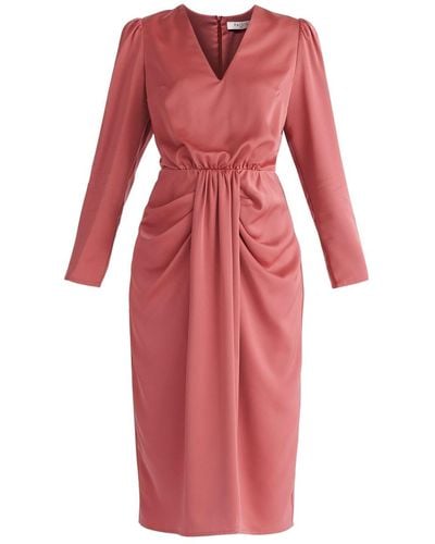 Paisie Satin V-neck Dress In Coral Pink - Red