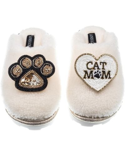 Laines London Teddy Closed Toe Slippers With Paw & Cat Mum / Mom Brooches - Metallic
