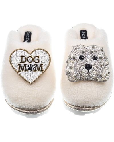 Laines London Teddy Closed Toe Slippers With Queenie & Dog Mum / Mom Brooches - Metallic