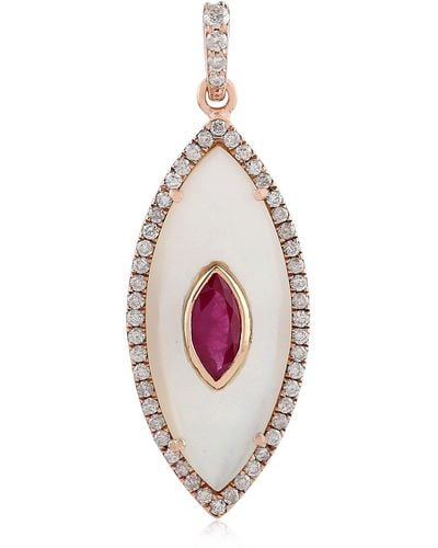 Artisan Marquise Natural Mother Of Pearl & Ruby Diamond Pendant 18k Rose Gold - Pink