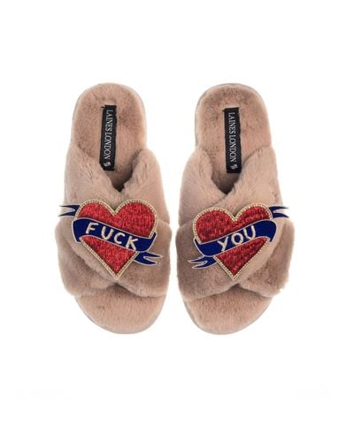 Laines London Neutrals Classic Laines Slippers With Fuck You Brooches - Multicolor