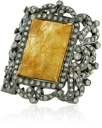 Artisan 18k Gold Silver With Carved Yellow Sapphire & Surrounded Pave Diamond Cocktail Ring - Multicolour