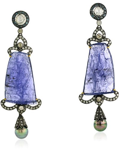 Artisan Tanzanite & Pearl Pave Diamond In 18k Solid Gold Silver Classic Dangle Earrings - Blue