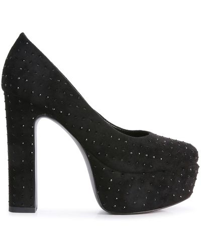 Rag & Co Poppins Diamante Platform Heel Block Court Shoes - Black