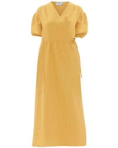 Haris Cotton Wrap Midi Linen Dress With Puffy Short Sleeves - Yellow