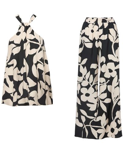 BLUZAT Abstract Printed Matching Set With Top And Wide Leg Trousers - Black