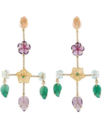 Artisan Natural Diamond 18k Yellow Gold Carved Flower Gemstone Chandelier Earrings Jewelry - Metallic