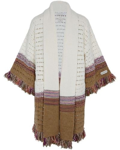 The Extreme Collection Beige And Camel Ribbed Knitted Cardigan With Fringes Ingrid - Natural