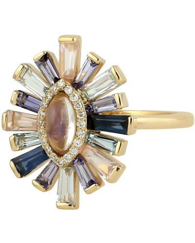 Artisan 18k Yellow Gold With Pave Diamond & Baguette Cut Multi Gemstone Eye Design Cocktail Ring - Metallic