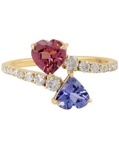 Artisan 18k Yellow Gold Pave Diamond Pink Tourmaline Tanzanite Heart Ring Gemstone Jewellery - Multicolour