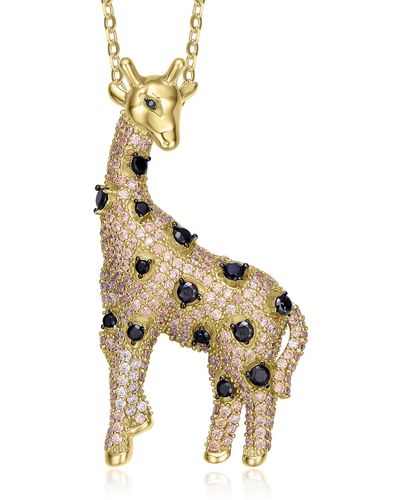 Genevive Jewelry Rhodium-plated With Champagne & Black Diamond Cubic Zirconia Iced Out Giraffe Pendant In Sterling Silver - Metallic
