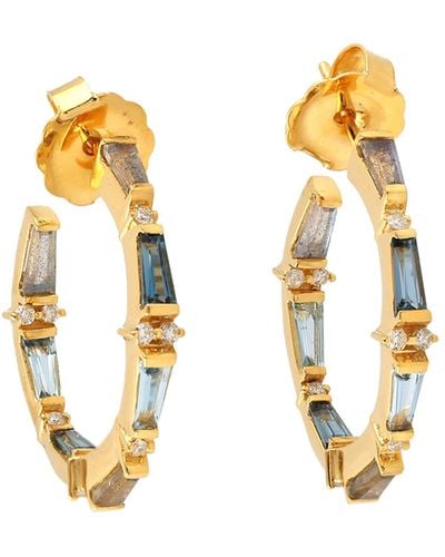 Artisan Tapered Baguette Topaz With Multi Gemstone & Diamond Hoop Earrings In 18k Gold - Metallic