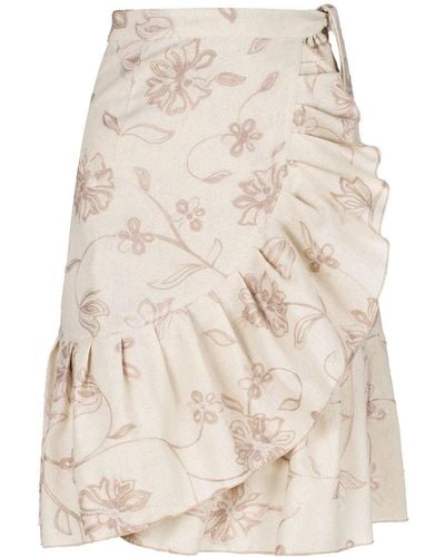 Conquista Neutrals Ecru Embroidered Floral Wrap Ruffle Skirt - Natural