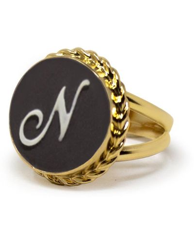 Vintouch Italy Gold Vermeil Black Cameo Ring Initial N - Multicolor