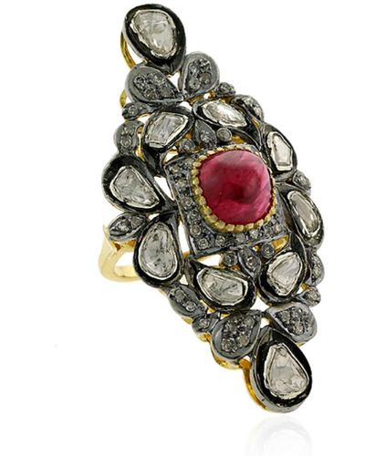 Artisan 14k Gold 925 Silver With Bezel Set Pink Spinel & Uncut Diamond Designer Long Ring - Multicolour