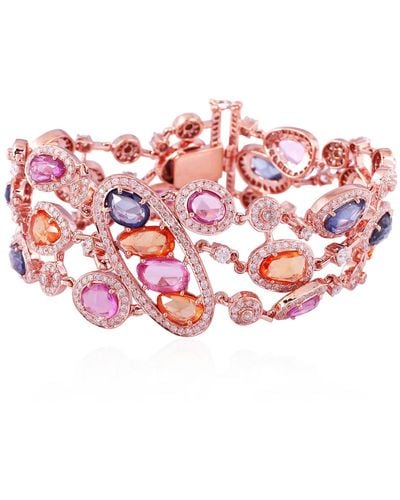 Artisan Solid 18k Rose Gold In Studded Diamond & Multi Sapphire Gorgeous Fixed And Flexible Bracelet - Pink