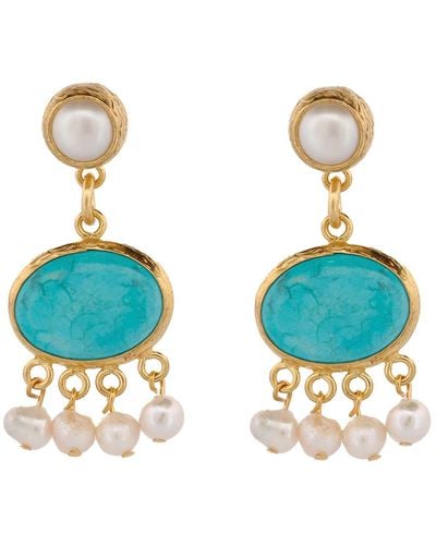 Ebru Jewelry Cleopatra Pearl & Turquoise Stone Tassel Earrings - Blue