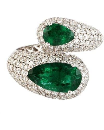 Artisan Natural Diamond Pave Emerald Green Two Pears In A Ring In 18k White Gold Bypass Ring