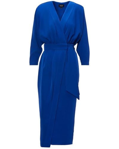 BLUZAT Electric Midi Dress With Draping Detailing And Waist Belt - Blue