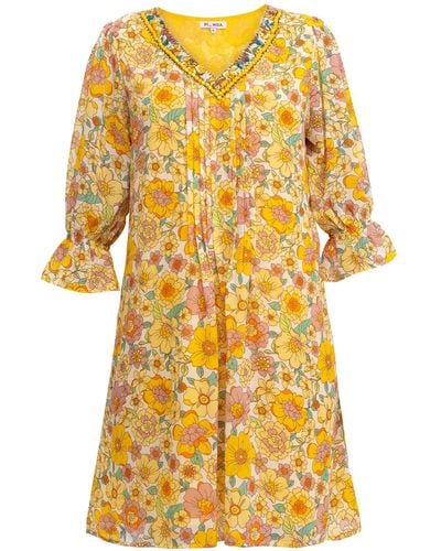 Niza Printed Short Dress With Embroidery - Yellow