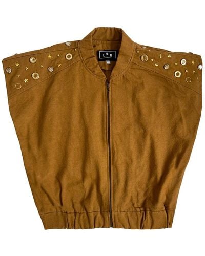 L2R THE LABEL Studded Sleeveless Bomber Jacket In Tan - Brown